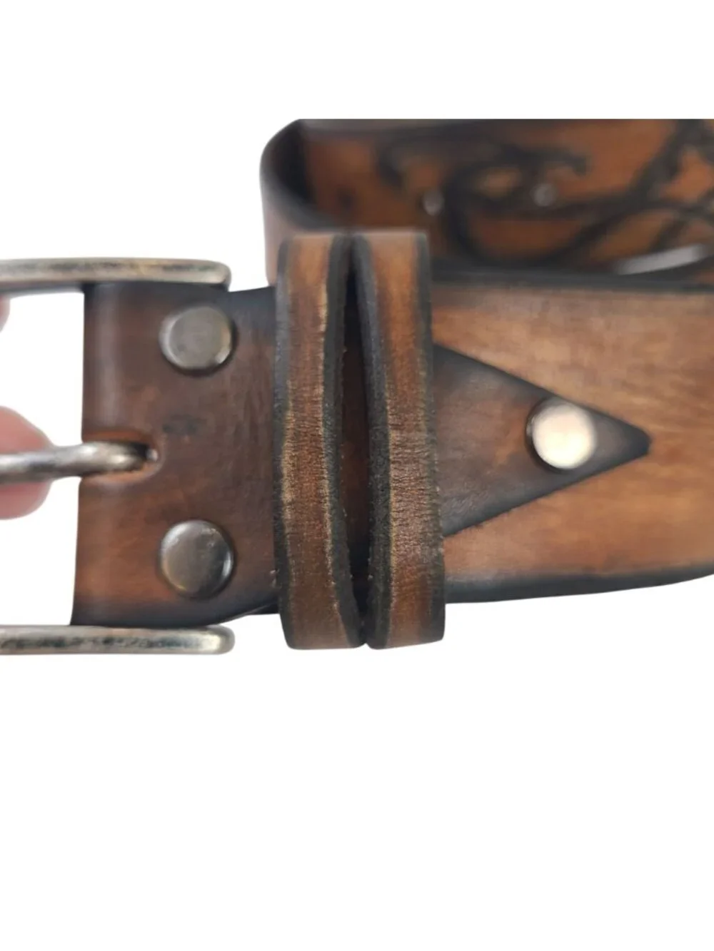 NEW Ishaor Handcrafted Brown Tooled Leather Belt Silver Buckle 1.5